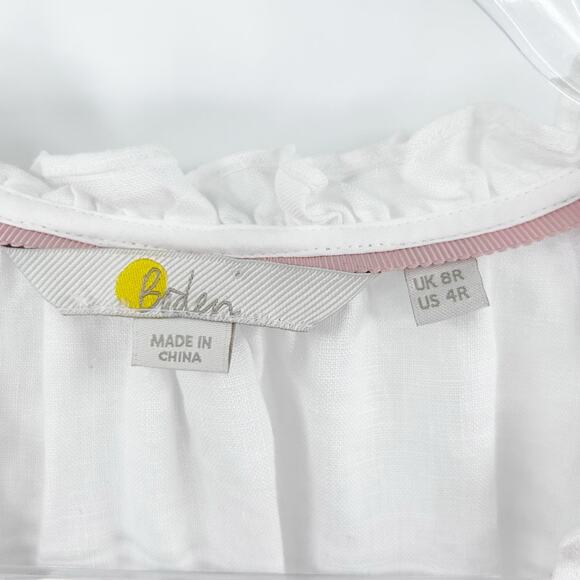 Boden White Linen Short Flutter Sleeve Dress Elastic Waist V Neck Womens Size 4 - Picture 6 of 12